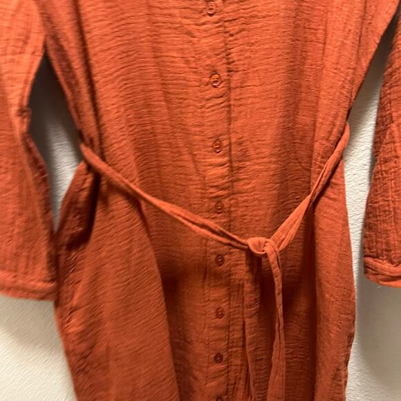 Coldwater Creek rust Orange Button Front Tie Waist Midi Dress Size Medium Fall - Picture 3 of 8